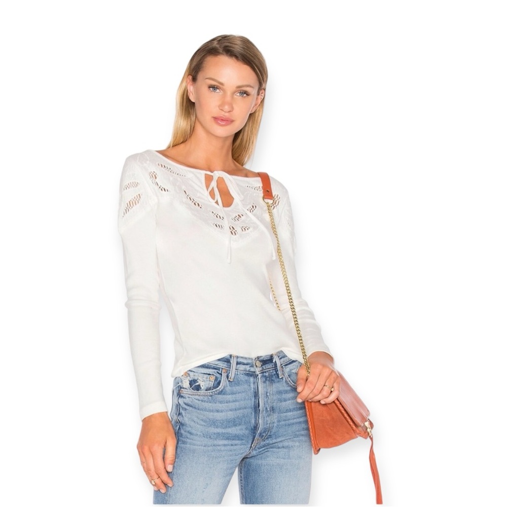 Free People With Love Crochet Tie Neck Thermal Fitted Top M Cream Boho Y2K VTG
